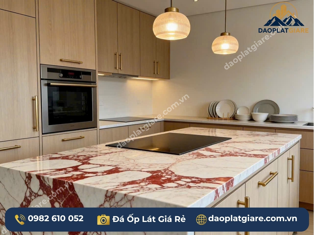 bàn đảo bếp đá marble đỏ Rosaline Yên Bái