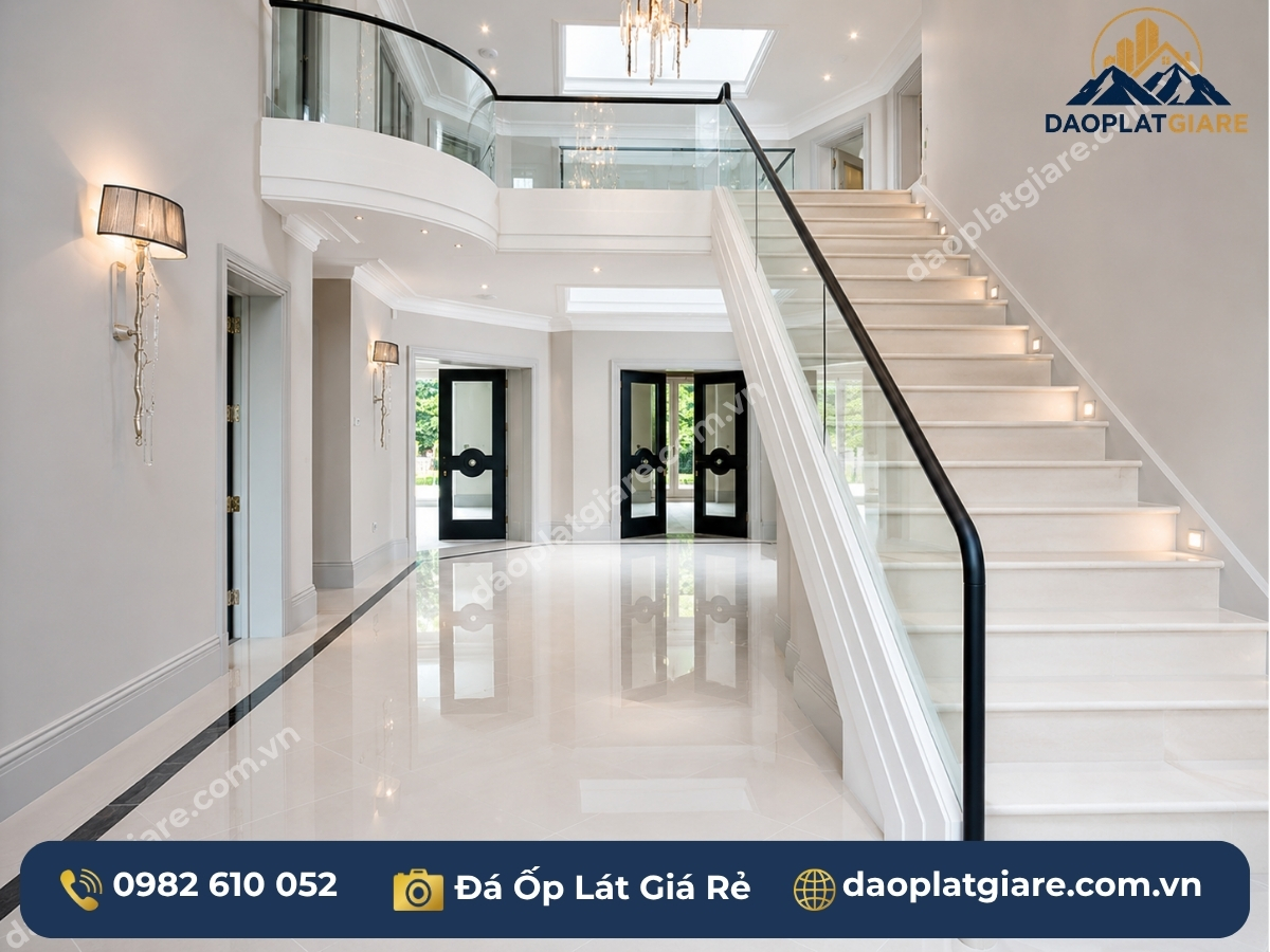 cầu thang ốp đá marble trắng Yên Bái nhà biệt thự tân cổ điển Việt Nam