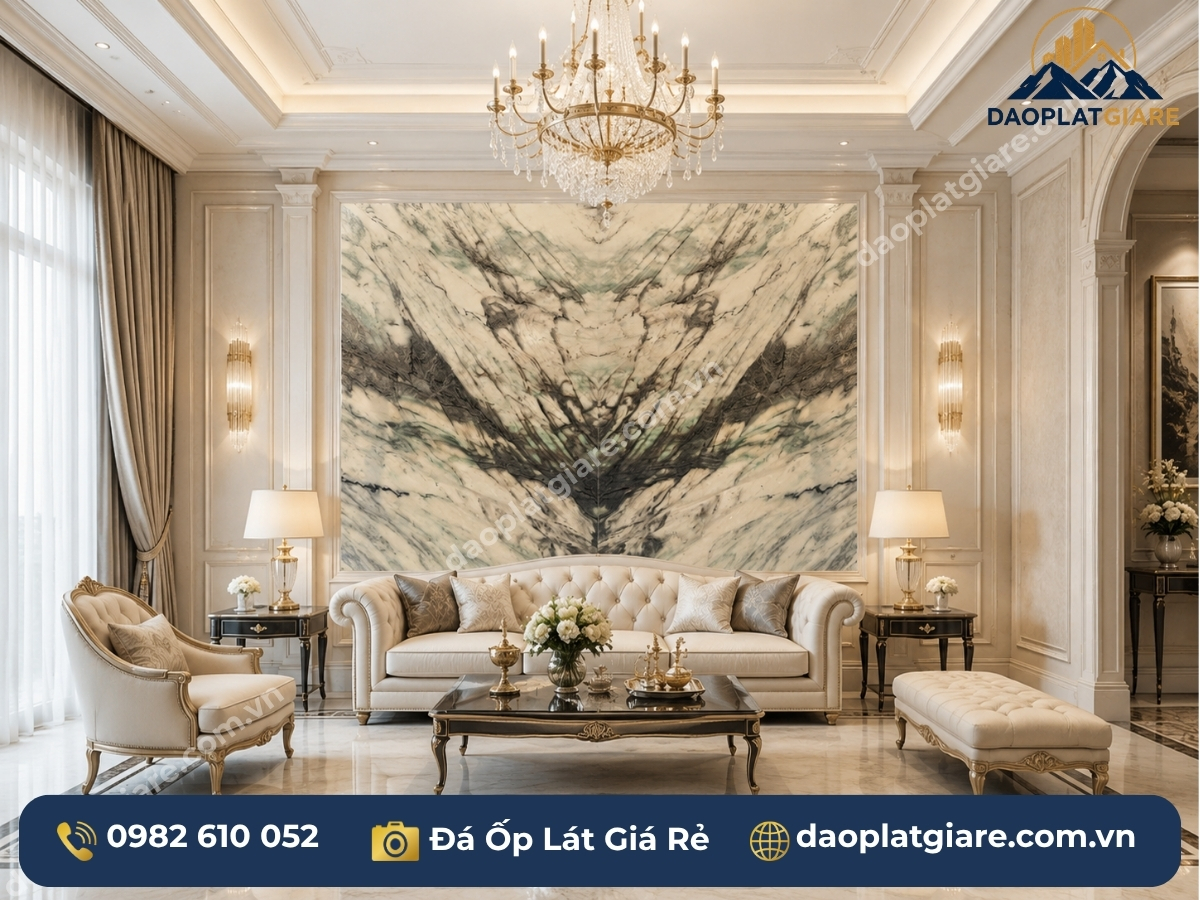 đá ốp tường marble trắng Yên Bái phòng khách tân cổ điển