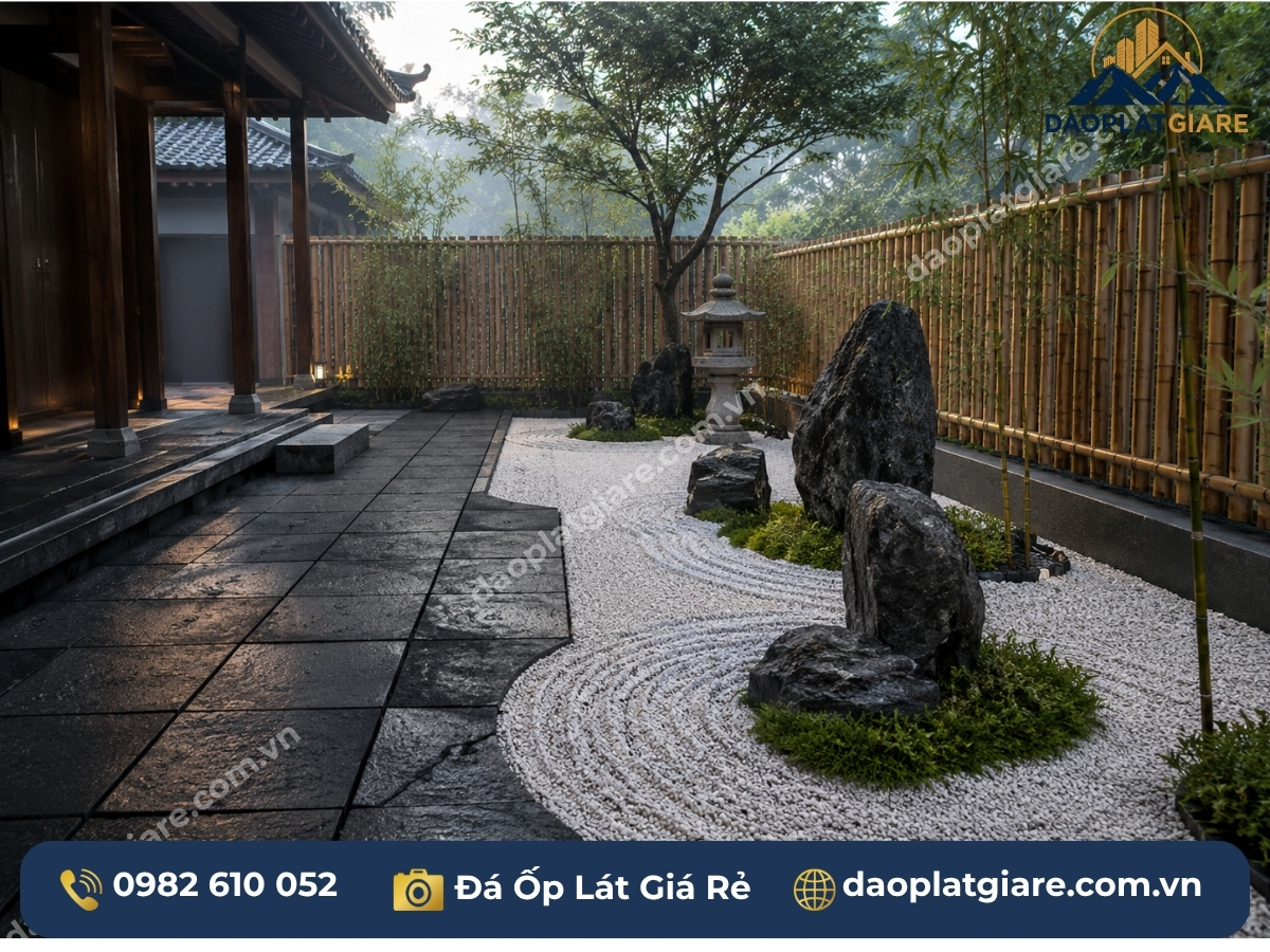 đá lát sân vườn zen Nhật Bản basalt đen phun cát đá cuội trắng
