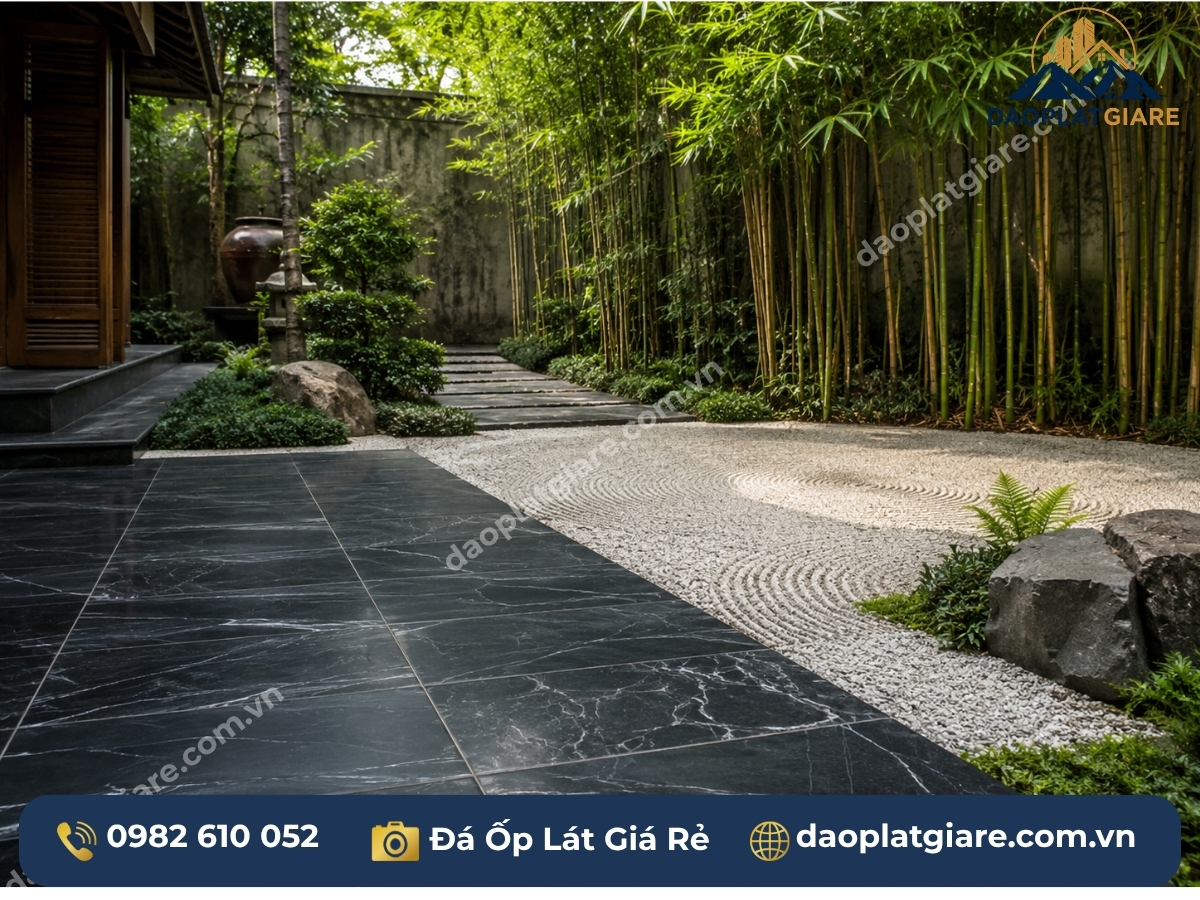 đá lát sân vườn zen đá hoa vân xanh đen Yên Bái cây tre Nhật