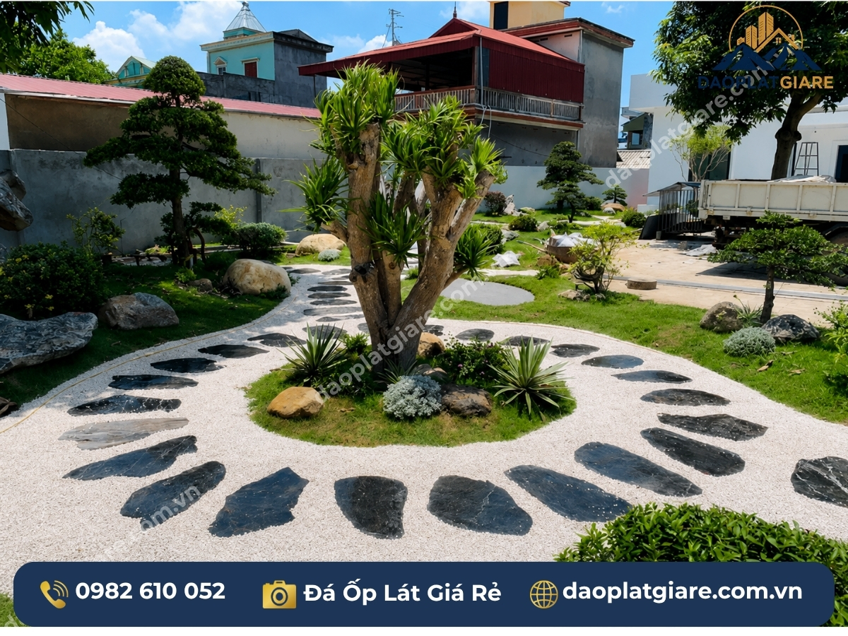 đá lát sân vườn đá cuội đen trắng pattern sóng nước Nhật Bản