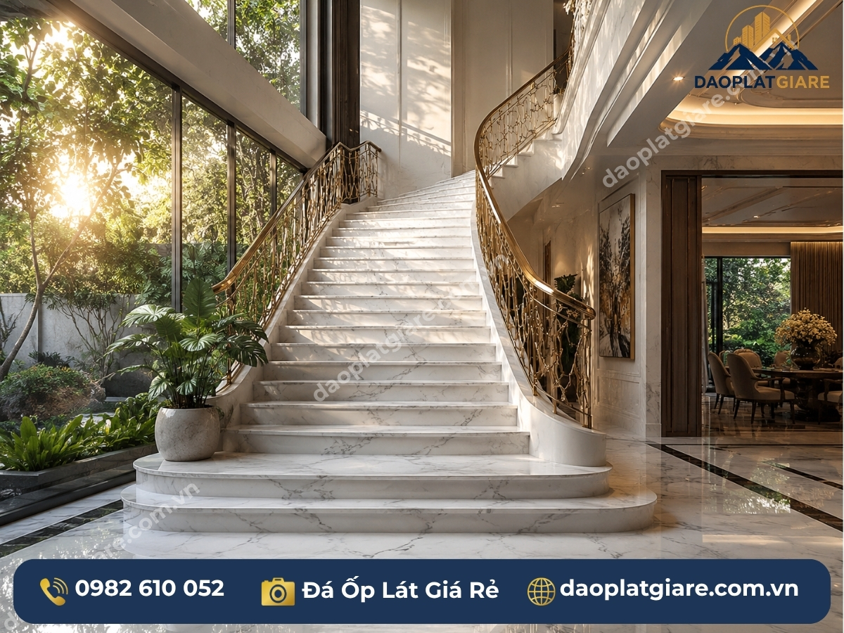 cầu thang đá marble trắng vân mây Yên Bái hoàn thiện biệt thự sang trọng thi công đá ốp cầu thang chuyên nghiệp