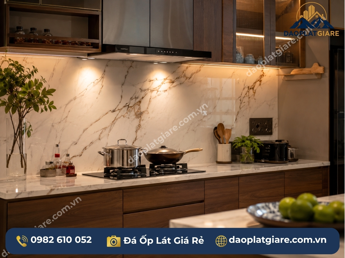 ốp tường bếp đá cẩm thạch backsplash sang trọng không tiếp xúc nhiệt trực tiếp