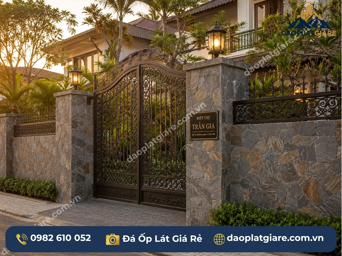 đá chẻ ốp tường rào nhà vườn hoàn thiện đẹp tự nhiên cổng vào lối đi xanh cây