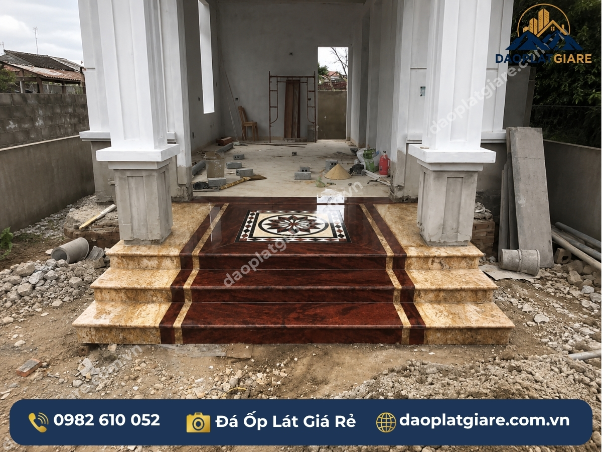 bậc tam cấp ốp granite đỏ ruby cổng biệt thự Việt Nam