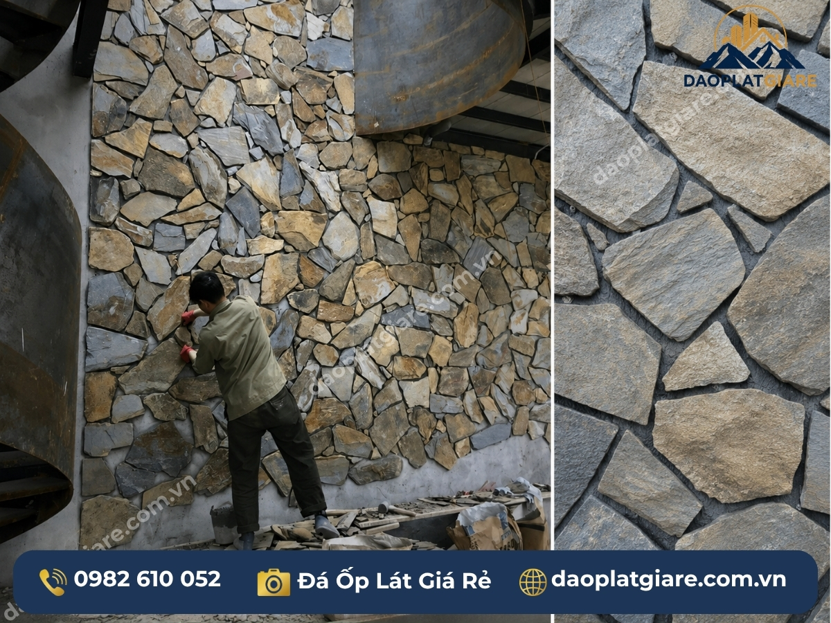 đá chẻ tự nhiên phiến slate ốp tường rào nhà vườn rustic màu xám xanh tự nhiên