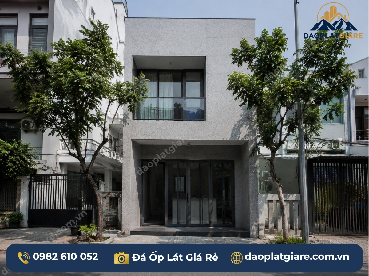chi phí ốp đá mặt tiền nhà phố phẳng hiện đại granite xám ít hao hụt thi công đơn giản