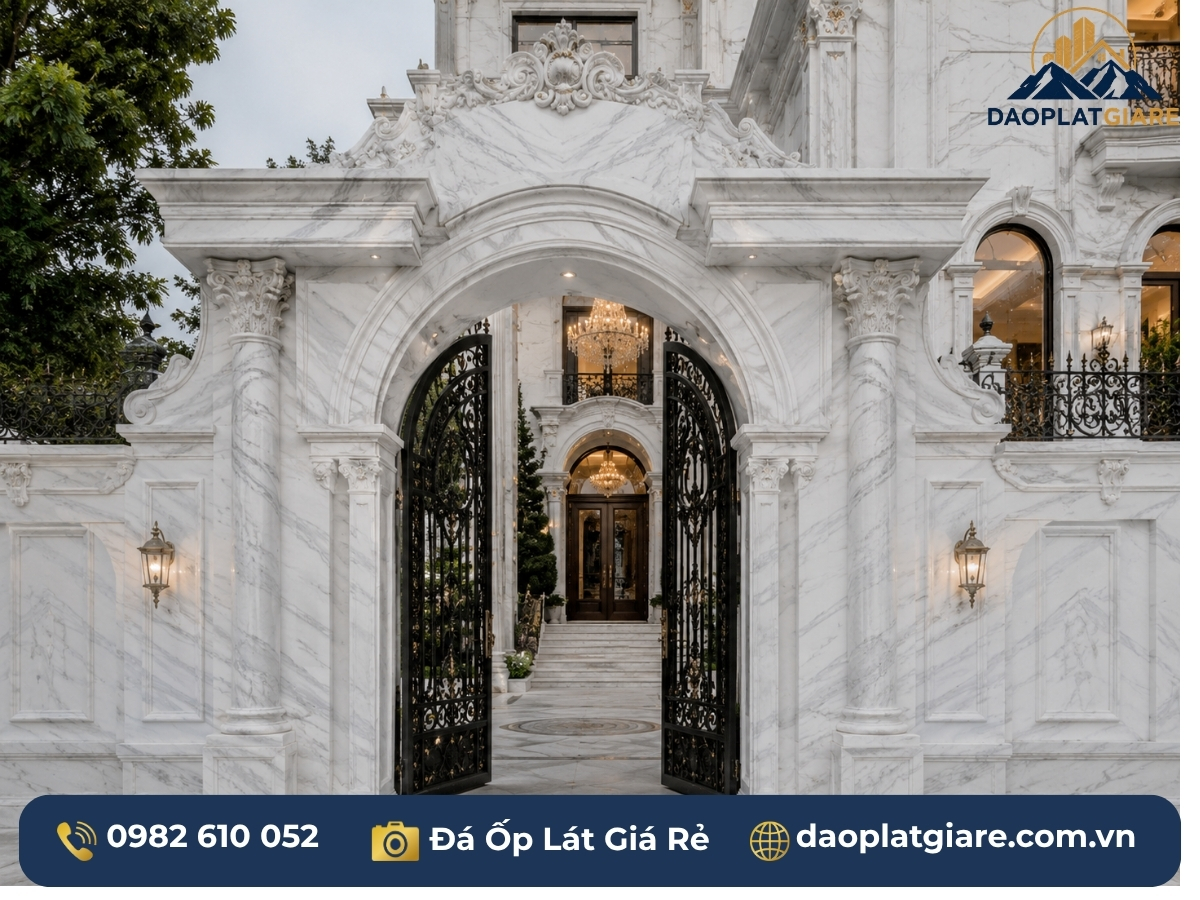 mẫu đá ốp mặt tiền biệt thự đá marble vân mây Yên Bái cổng chính