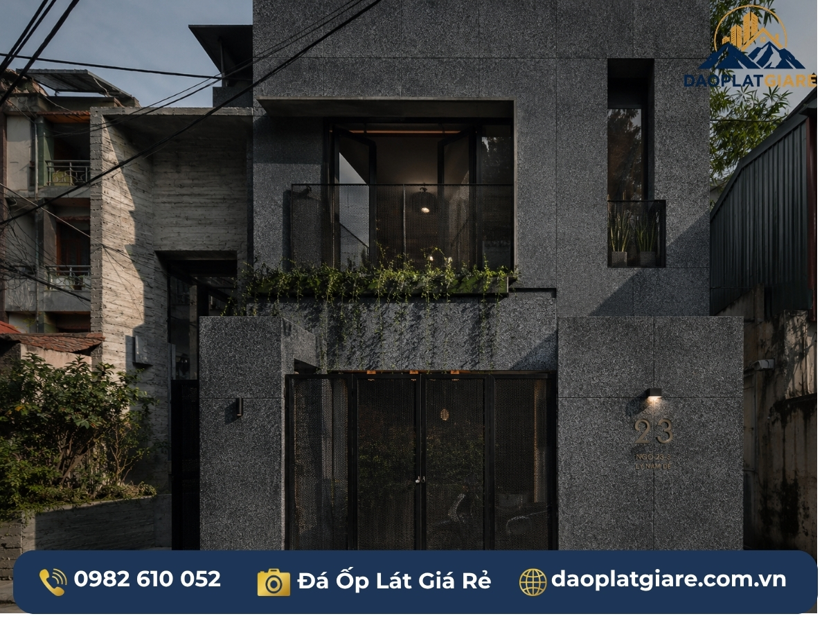 mẫu đá ốp mặt tiền công nghiệp granite xám đậm phun cát bush-hammered
