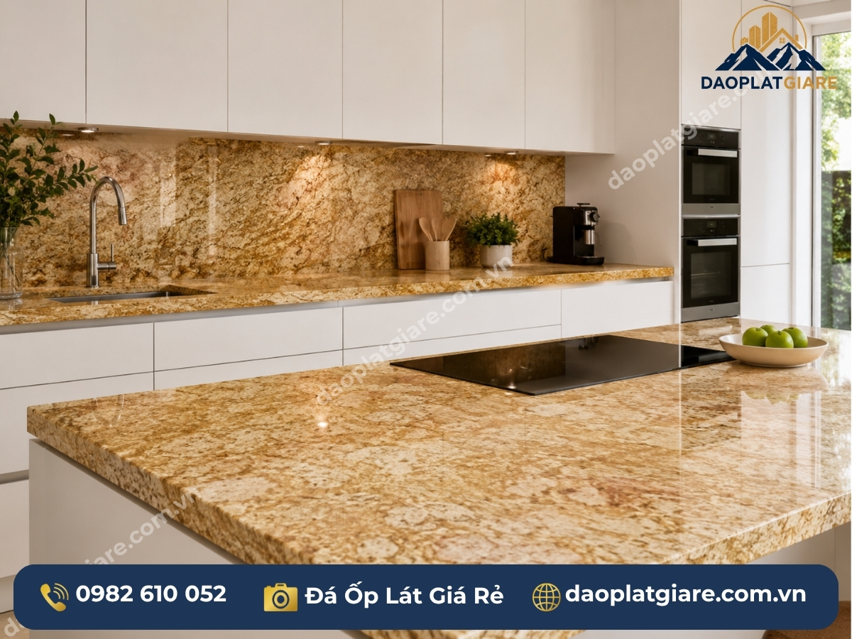 bếp hiện đại mặt bàn đảo bếp đá granite vàng sa mạc tủ bếp trắng