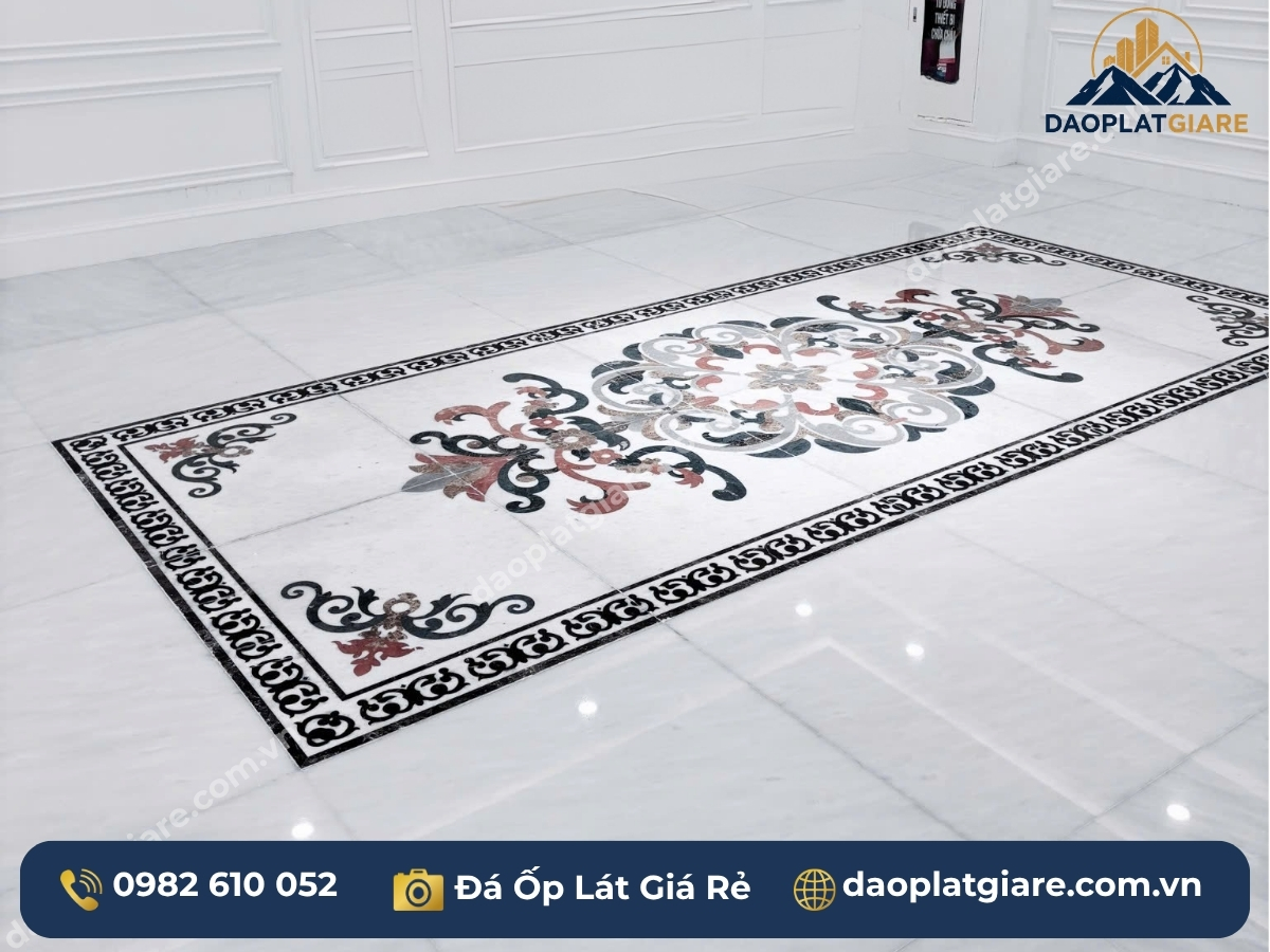 phòng khách hiện đại tối giản sàn lát đá marble trắng không vân 80x80 bóng gương