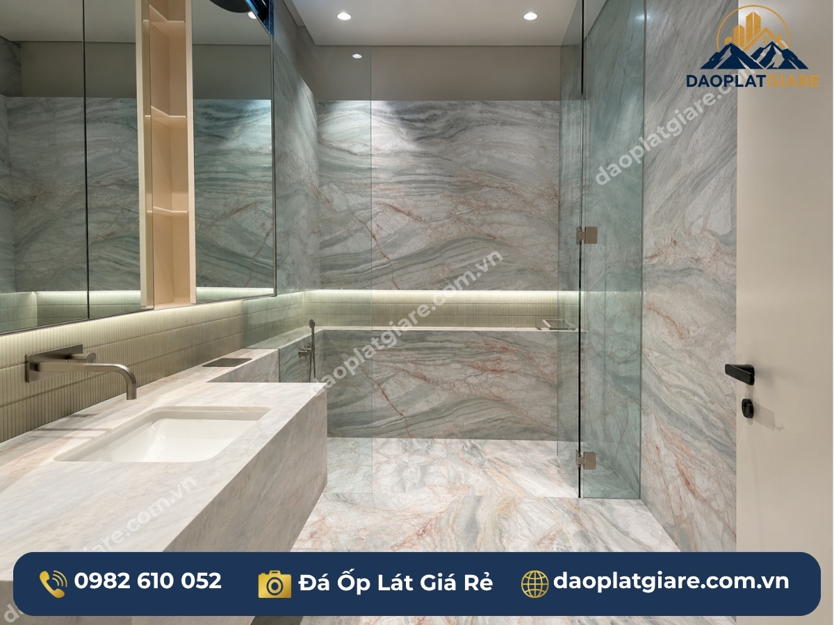 phòng tắm đá cẩm thạch marble vân hồng xanh xử lý chống thấm đúng kỹ thuật