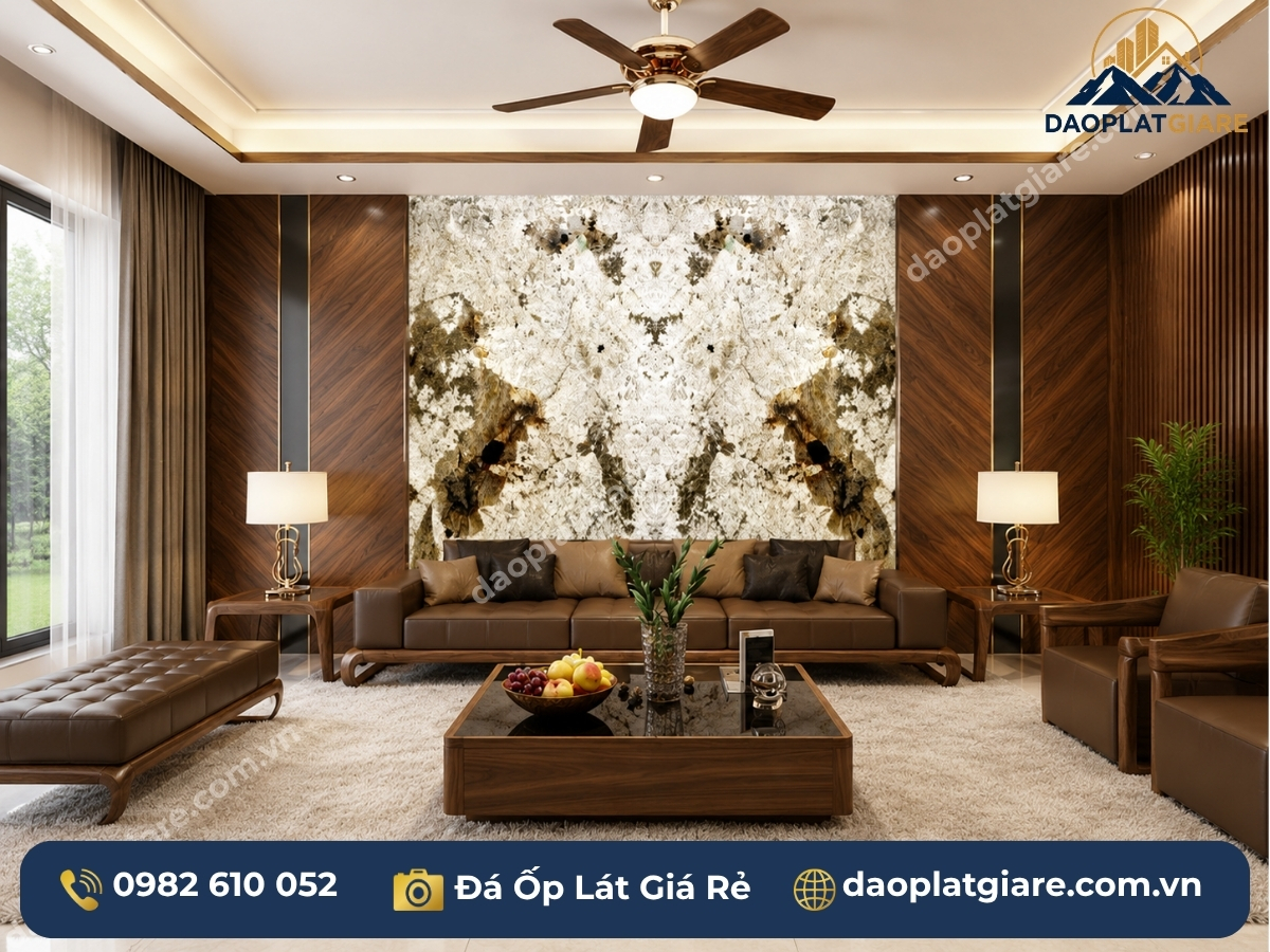 tranh đá xuyên sáng marble LED phía sau phòng khách luxury
