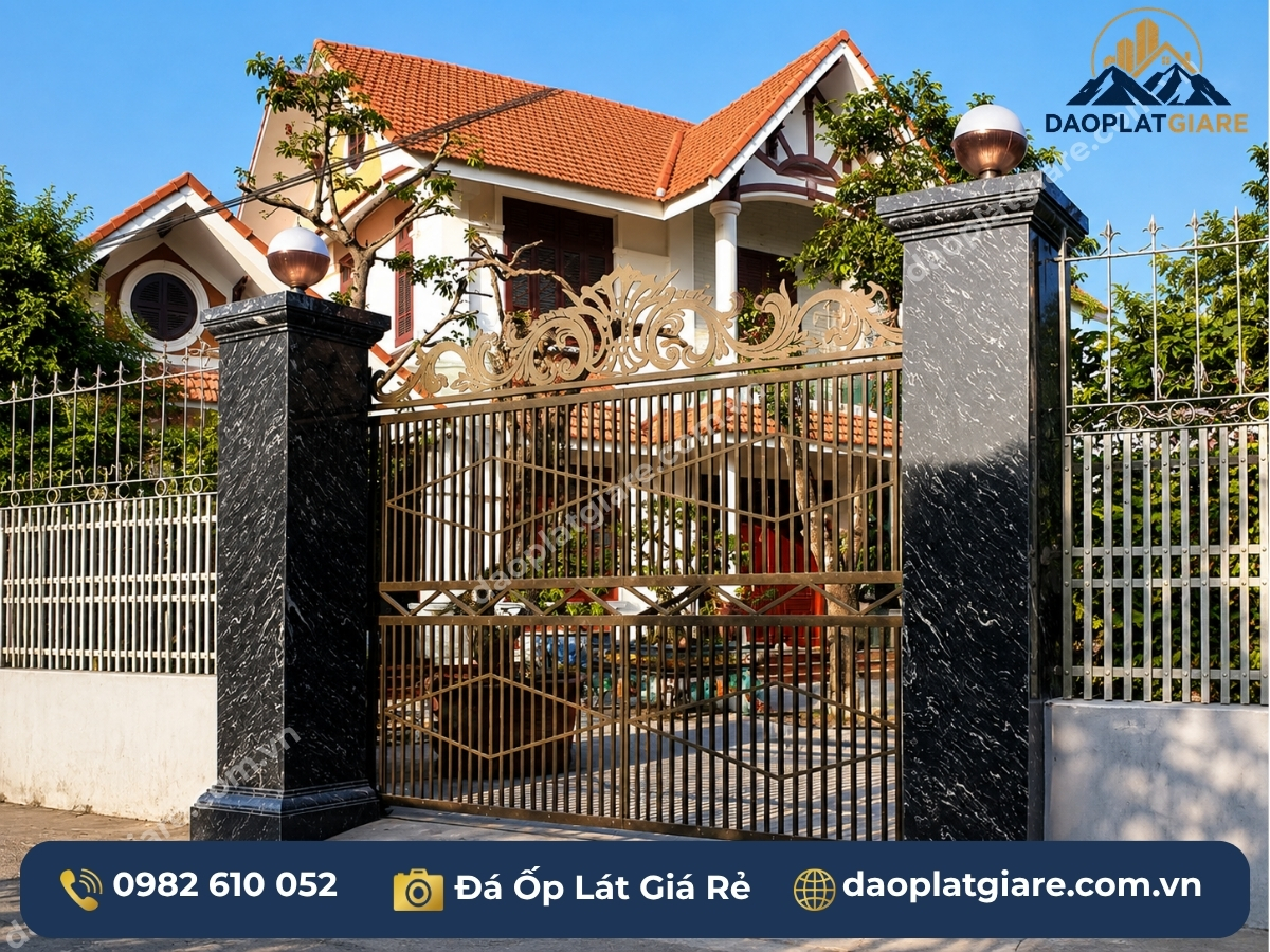 đá hoa cương đen ốp cột cổng biệt thự hiện đại Thiên Khôi Yên Bái