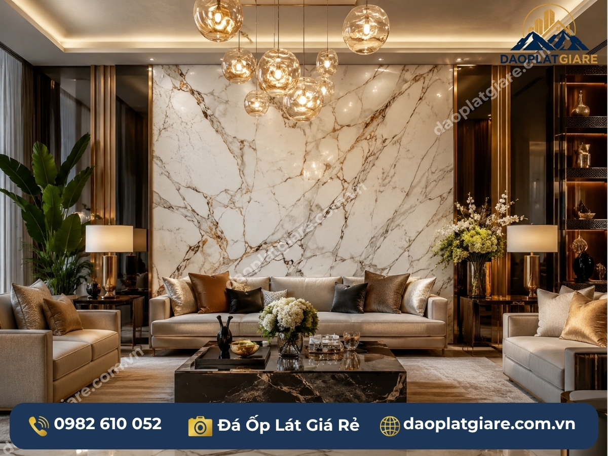 đá marble Calacatta nhập khẩu Ý ốp tường phòng khách luxury