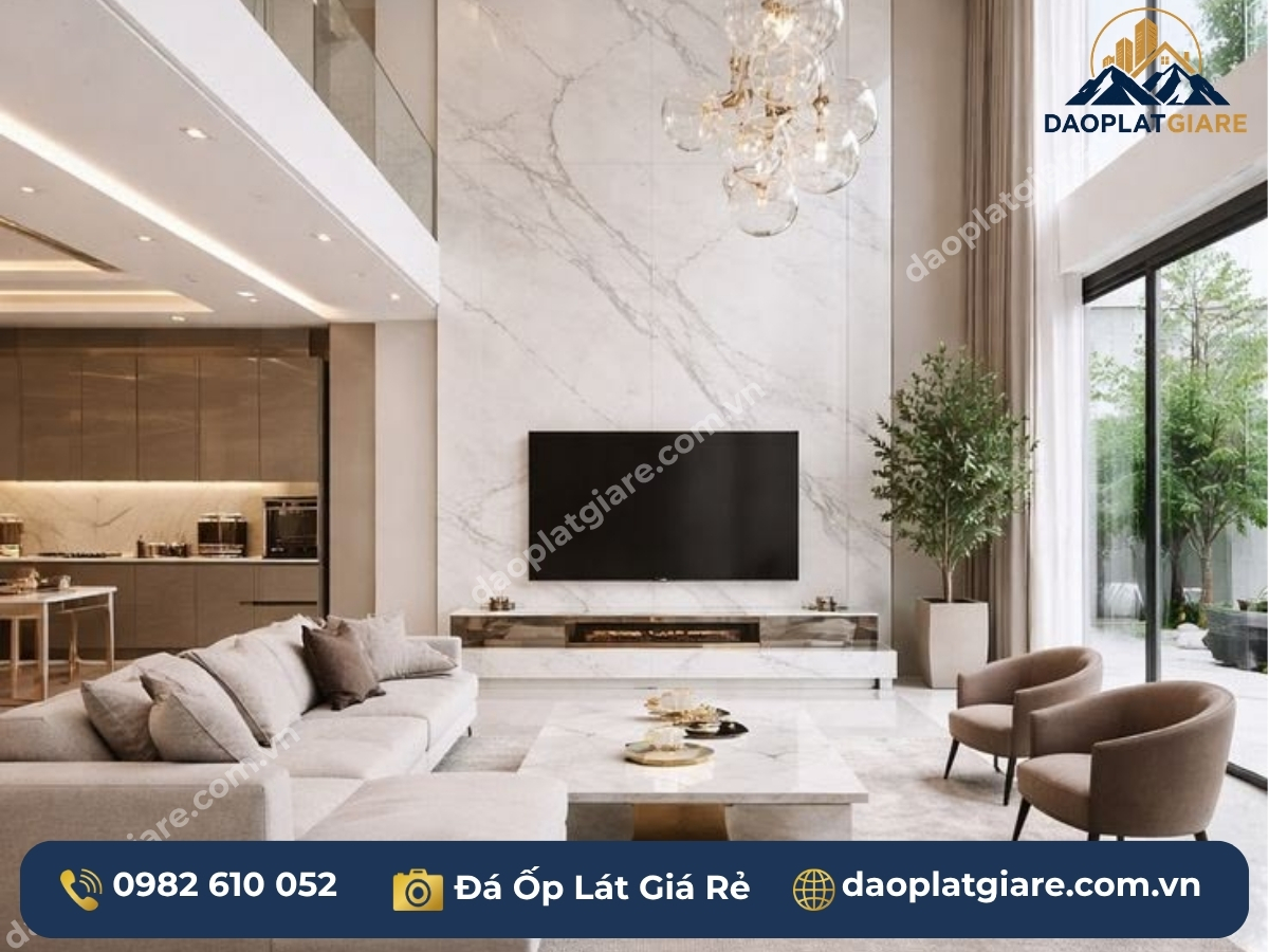 đá marble trắng ít vân Yên Bái ốp tường phòng khách hiện đại