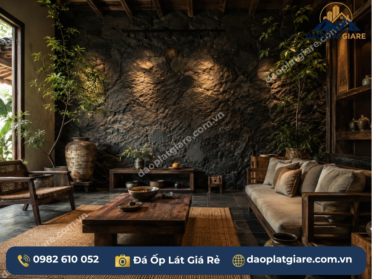 đá chẻ tự nhiên ốp tường phòng khách phong cách rustic wabi-sabi